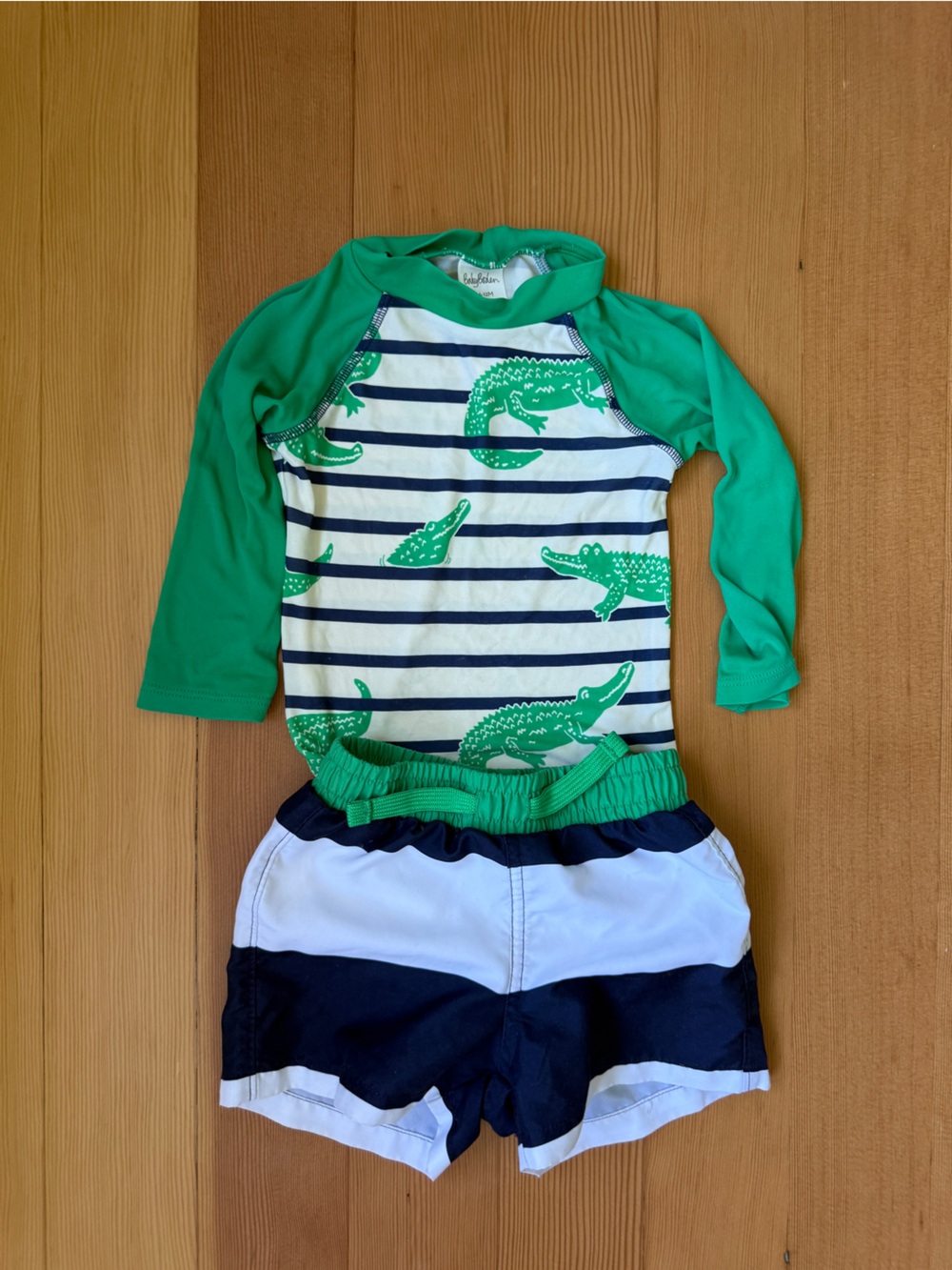 Baby Boden Green Crocodile Stripe Rashguard Set with Navy & White Shorts